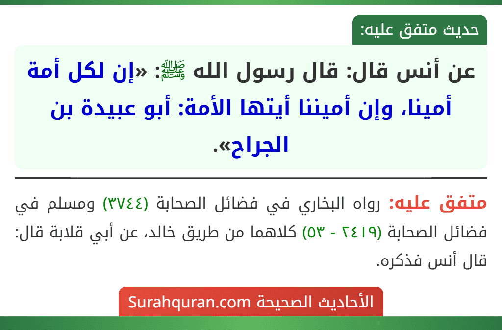 عن أنس قال: قال رسول الله ﷺ: «إن لكل أمة أمينا، وإن أميننا أيتها الأمة: أبو عبيدة بن الجراح».