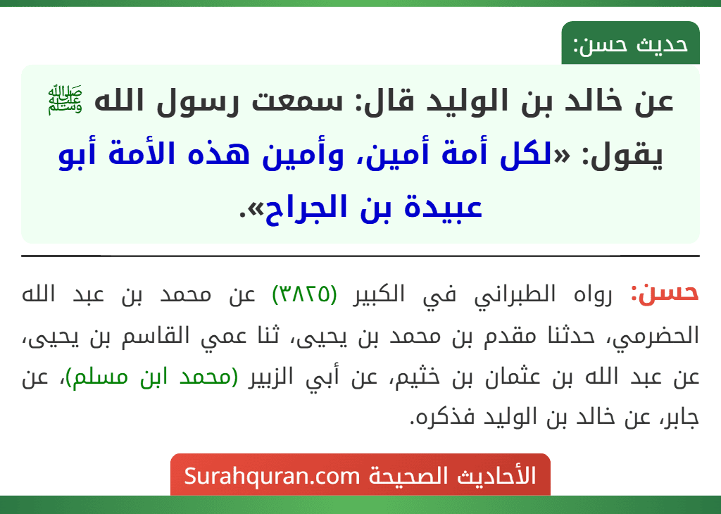 عن خالد بن الوليد قال: سمعت رسول الله ﷺ يقول: «لكل أمة أمين، وأمين هذه الأمة أبو عبيدة بن الجراح».