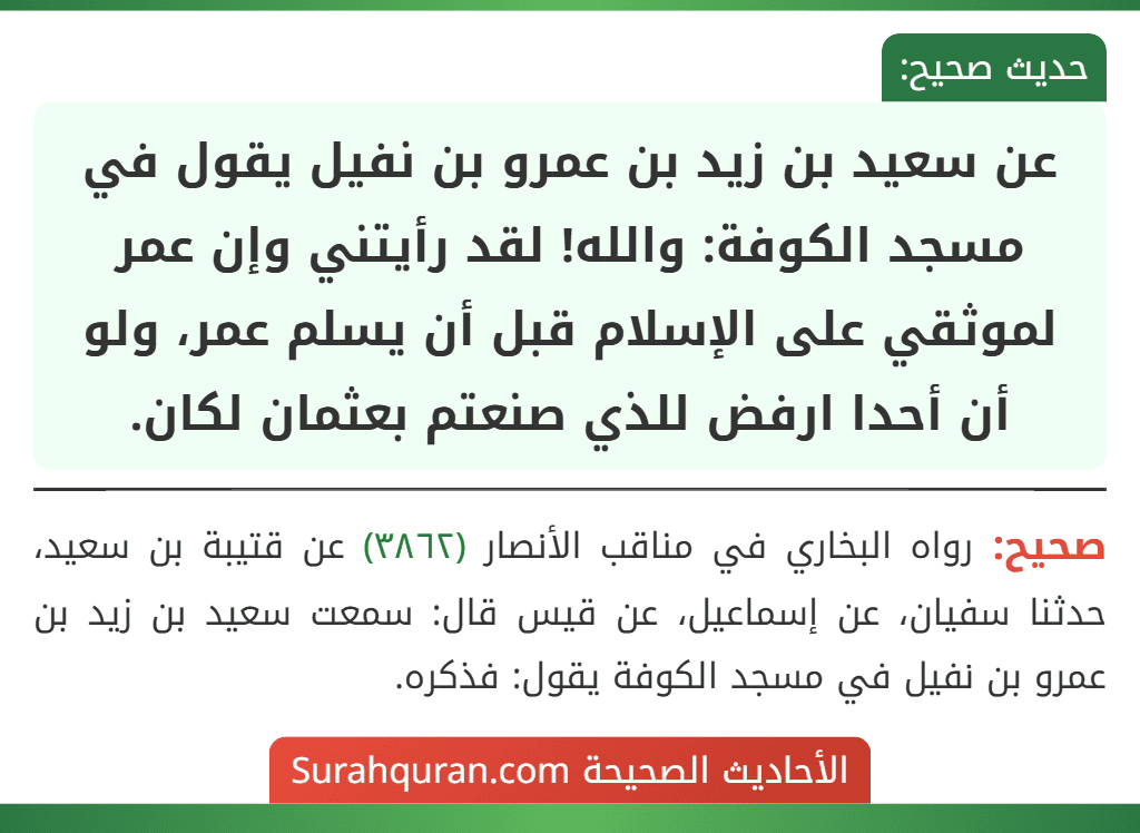 عن سعيد بن زيد بن عمرو بن نفيل يقول في مسجد الكوفة: والله! لقد رأيتني وإن عمر لموثقي على الإسلام قبل أن يسلم عمر، ولو أن أحدا ارفض للذي صنعتم بعثمان لكان.