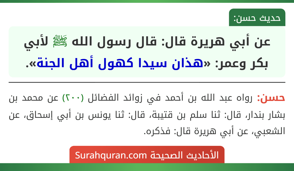 عن أبي هريرة قال: قال رسول الله ﷺ لأبي بكر وعمر: «هذان سيدا كهول أهل الجنة».