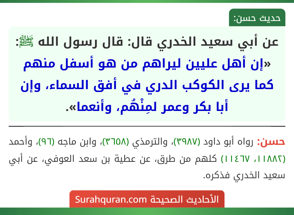 عن أبي سعيد الخدري قال: قال رسول الله ﷺ: «إن أهل عليين ليراهم من هو أسفل منهم كما يرى الكوكب الدري في أفق السماء، وإن أبا بكر وعمر لمِنْهُم، وأنعما».