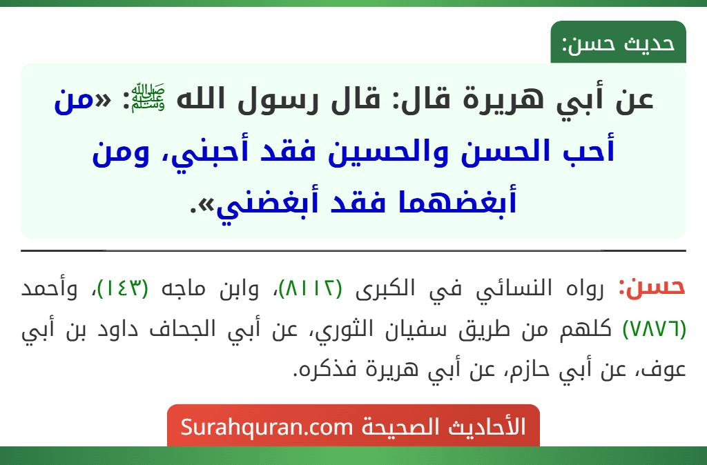 عن أبي هريرة قال: قال رسول الله ﷺ: «من أحب الحسن والحسين فقد أحبني، ومن أبغضهما فقد أبغضني».