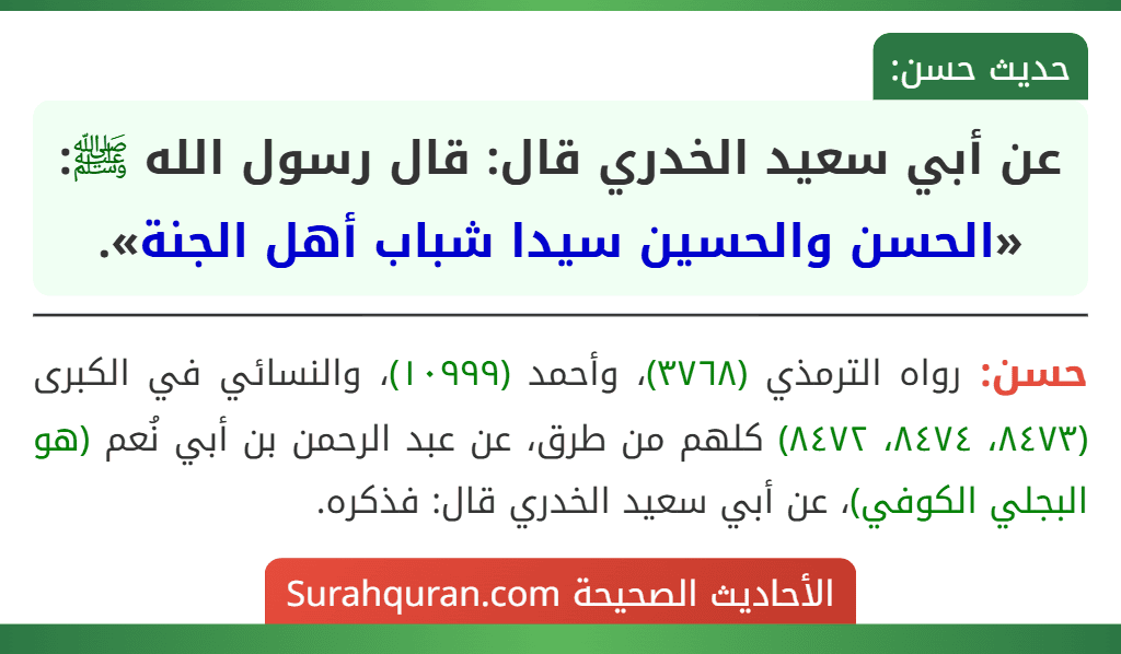 عن أبي سعيد الخدري قال: قال رسول الله ﷺ: «الحسن والحسين سيدا شباب أهل الجنة».