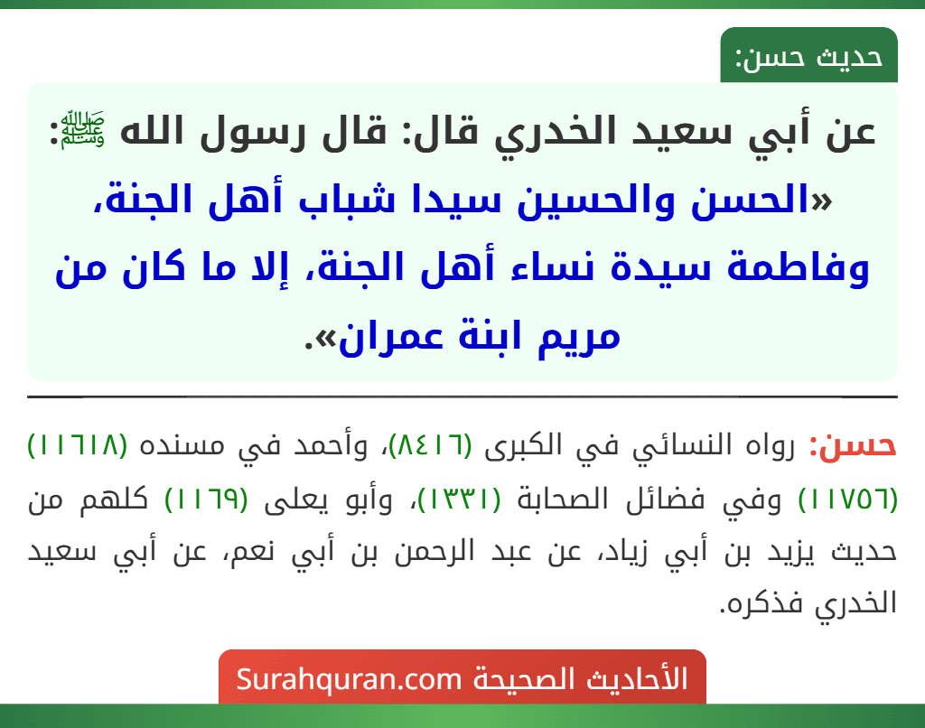 عن أبي سعيد الخدري قال: قال رسول الله ﷺ: «الحسن والحسين سيدا شباب أهل الجنة، وفاطمة سيدة نساء أهل الجنة، إلا ما كان من مريم ابنة عمران».