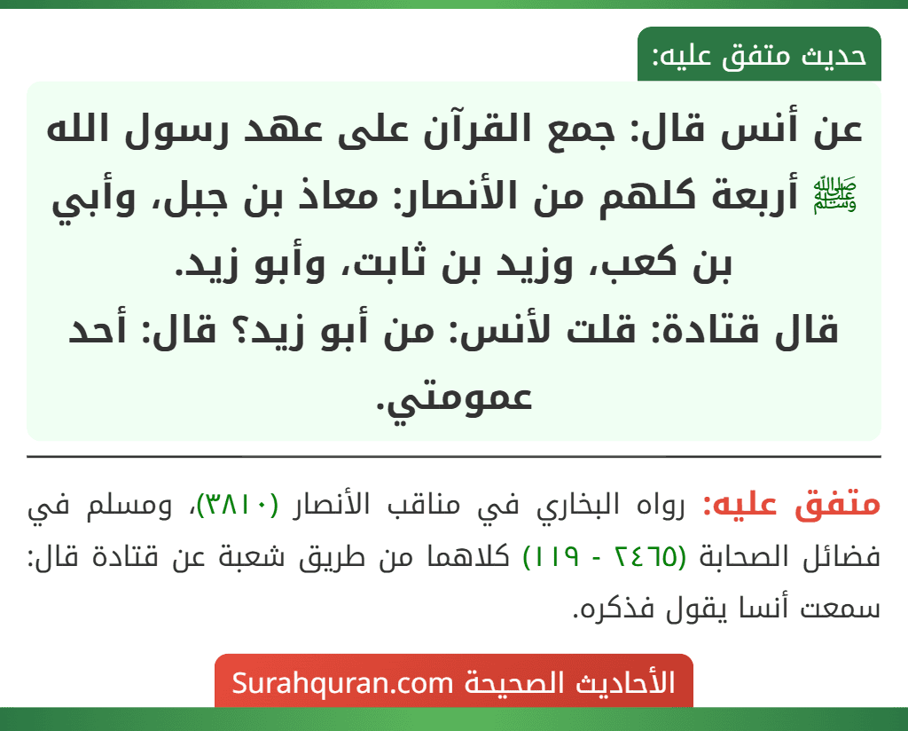 عن أنس قال: جمع القرآن على عهد رسول الله ﷺ أربعة كلهم من الأنصار: معاذ بن جبل، وأبي بن كعب، وزيد بن ثابت، وأبو زيد.
قال قتادة: قلت لأنس: من أبو زيد؟ قال: أحد عمومتي.