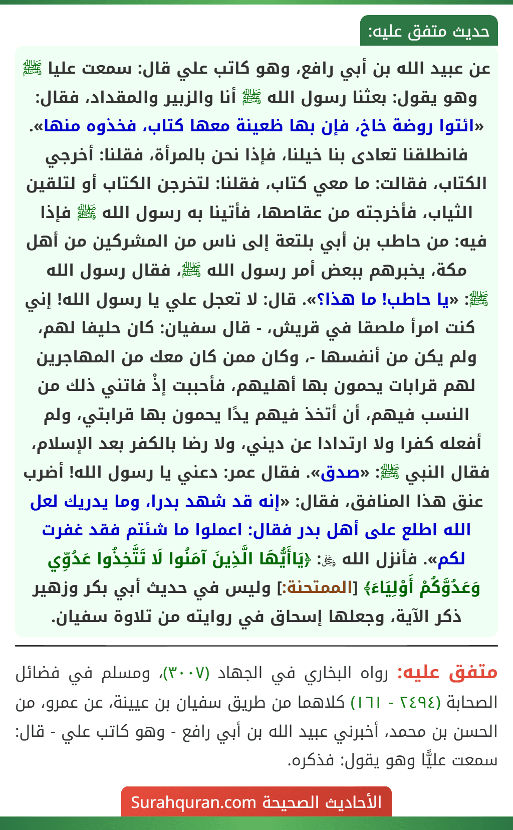 عن عبيد الله بن أبي رافع، وهو كاتب علي قال: سمعت عليا ﷺ وهو يقول: بعثنا رسول الله ﷺ أنا والزبير والمقداد، فقال: «ائتوا روضة خاخ، فإن بها ظعينة معها كتاب، فخذوه منها». فانطلقنا تعادى بنا خيلنا، فإذا نحن بالمرأة، فقلنا: أخرجي الكتاب، فقالت: ما معي كتاب، فقلنا: لتخرجن الكتاب أو لتلقين الثياب، فأخرجته من عقاصها، فأتينا به رسول الله ﷺ فإذا فيه: من حاطب بن أبي بلتعة إلى ناس من المشركين من أهل مكة، يخبرهم ببعض أمر رسول الله ﷺ، فقال رسول الله
ﷺ: «يا حاطب! ما هذا؟». قال: لا تعجل علي يا رسول الله! إني كنت امرأ ملصقا في قريش، - قال سفيان: كان حليفا لهم، ولم يكن من أنفسها -، وكان ممن كان معك من المهاجرين لهم قرابات يحمون بها أهليهم، فأحببت إذْ فاتني ذلك من النسب فيهم، أن أتخذ فيهم يدًا يحمون بها قرابتي، ولم أفعله كفرا ولا ارتدادا عن ديني، ولا رضا بالكفر بعد الإسلام، فقال النبي ﷺ: «صدق». فقال عمر: دعني يا رسول الله! أضرب عنق هذا المنافق، فقال: «إنه قد شهد بدرا، وما يدريك لعل الله اطلع على أهل بدر فقال: اعملوا ما شئتم فقد غفرت لكم». فأنزل الله ﷿: ﴿يَاأَيُّهَا الَّذِينَ آمَنُوا لَا تَتَّخِذُوا عَدُوِّي وَعَدُوَّكُمْ أَوْلِيَاءَ﴾ [الممتحنة:] وليس في حديث أبي بكر وزهير ذكر الآية، وجعلها إسحاق في روايته من تلاوة سفيان.