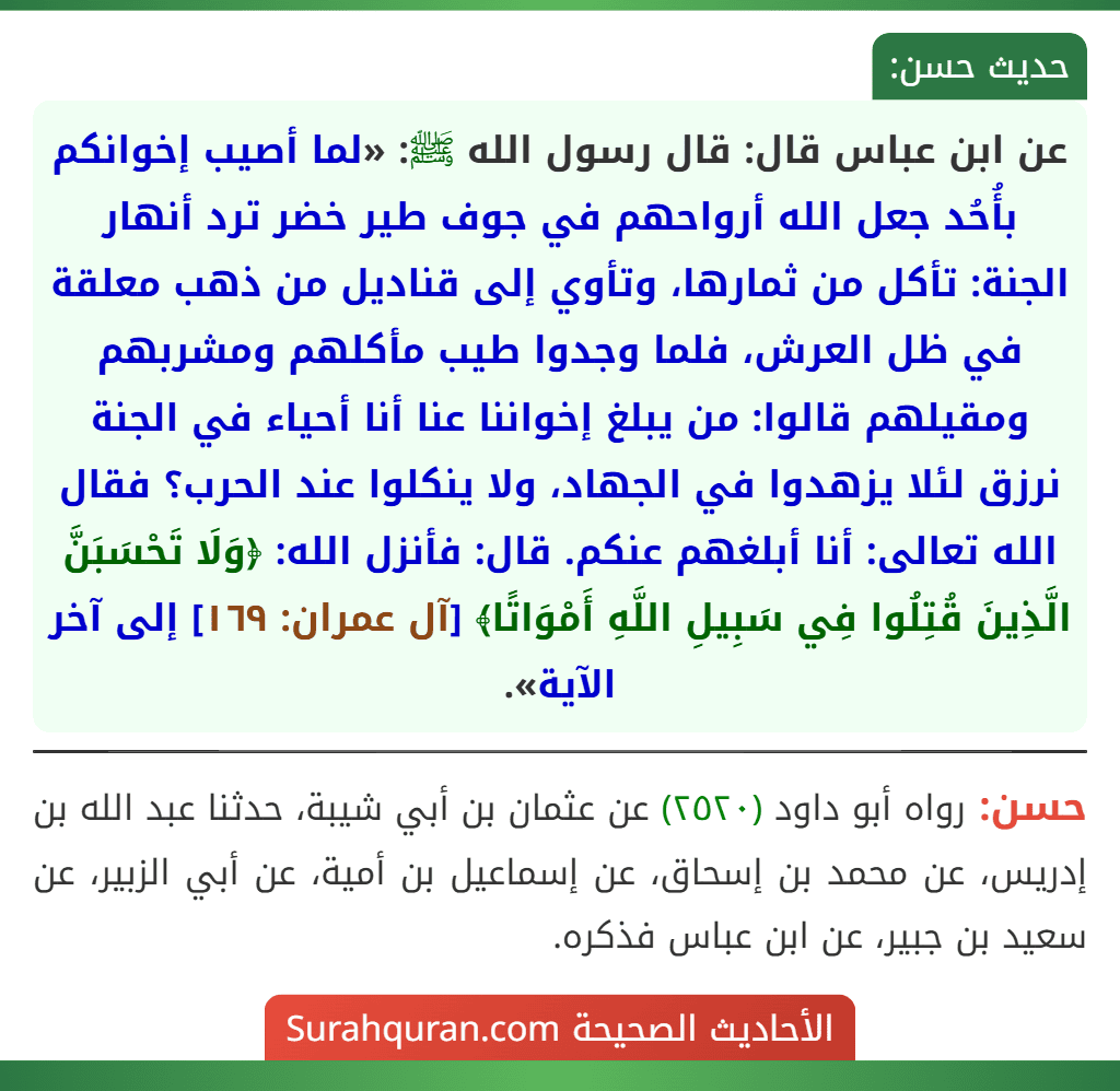 عن ابن عباس قال: قال رسول الله ﷺ: «لما أصيب إخوانكم بأُحُد جعل الله أرواحهم في جوف طير خضر ترد أنهار الجنة: تأكل من ثمارها، وتأوي إلى قناديل من ذهب معلقة في ظل العرش، فلما وجدوا طيب مأكلهم ومشربهم ومقيلهم قالوا: من يبلغ إخواننا عنا أنا أحياء في الجنة نرزق لئلا يزهدوا في الجهاد، ولا ينكلوا عند الحرب؟ فقال الله تعالى: أنا أبلغهم عنكم. قال: فأنزل الله: ﴿وَلَا تَحْسَبَنَّ الَّذِينَ قُتِلُوا فِي سَبِيلِ اللَّهِ أَمْوَاتًا﴾ [آل عمران: ١٦٩] إلى آخر الآية».