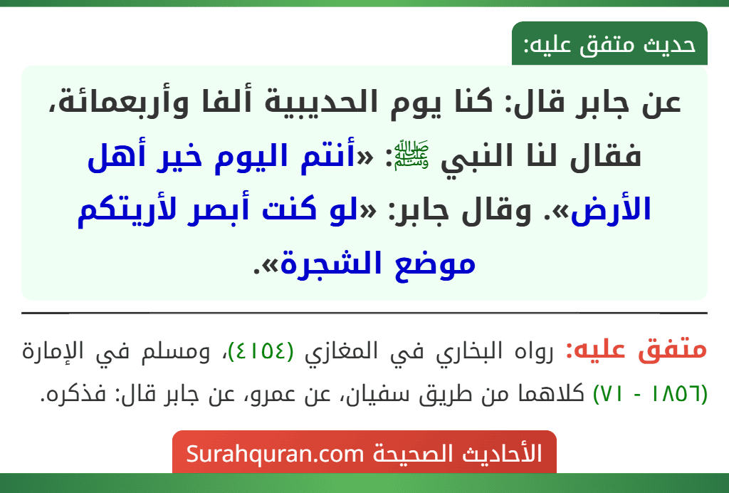 عن جابر قال: كنا يوم الحديبية ألفا وأربعمائة، فقال لنا النبي ﷺ: «أنتم اليوم خير أهل الأرض». وقال جابر: «لو كنت أبصر لأريتكم موضع الشجرة».
