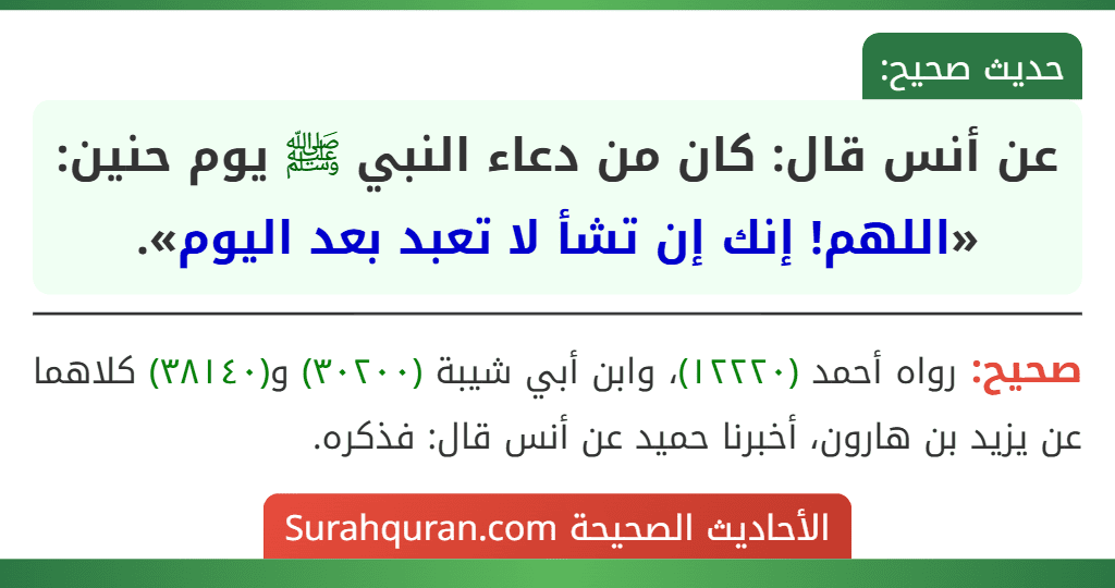 عن أنس قال: كان من دعاء النبي ﷺ يوم حنين: «اللهم! إنك إن تشأ لا تعبد بعد اليوم».