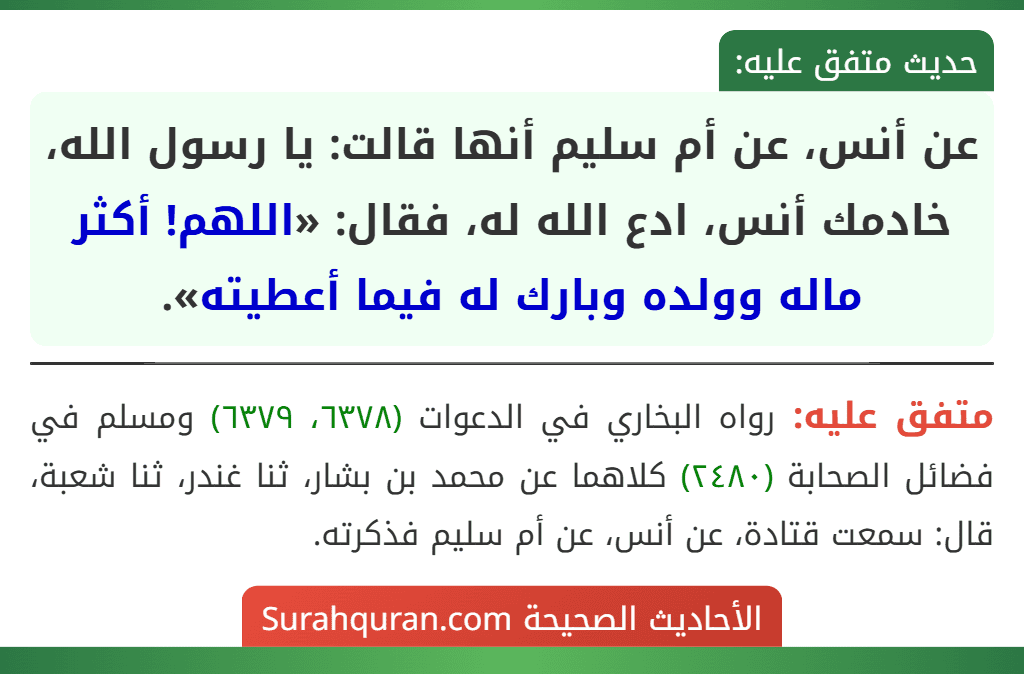 عن أنس، عن أم سليم أنها قالت: يا رسول الله، خادمك أنس، ادع الله له، فقال: «اللهم! أكثر ماله وولده وبارك له فيما أعطيته».