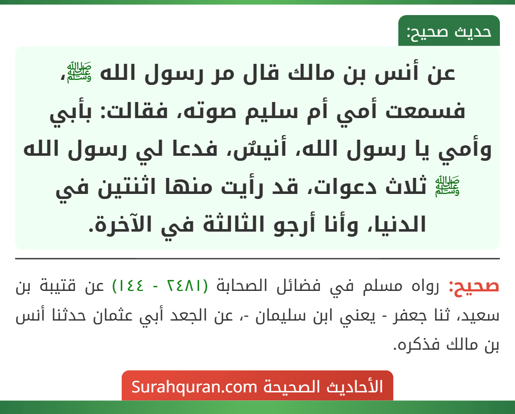عن أنس بن مالك قال مر رسول الله ﷺ، فسمعت أمي أم سليم صوته، فقالت: بأبي وأمي يا رسول الله، أنيسٌ، فدعا لي رسول الله ﷺ ثلاث دعوات، قد رأيت منها اثنتين في الدنيا، وأنا أرجو الثالثة في الآخرة.