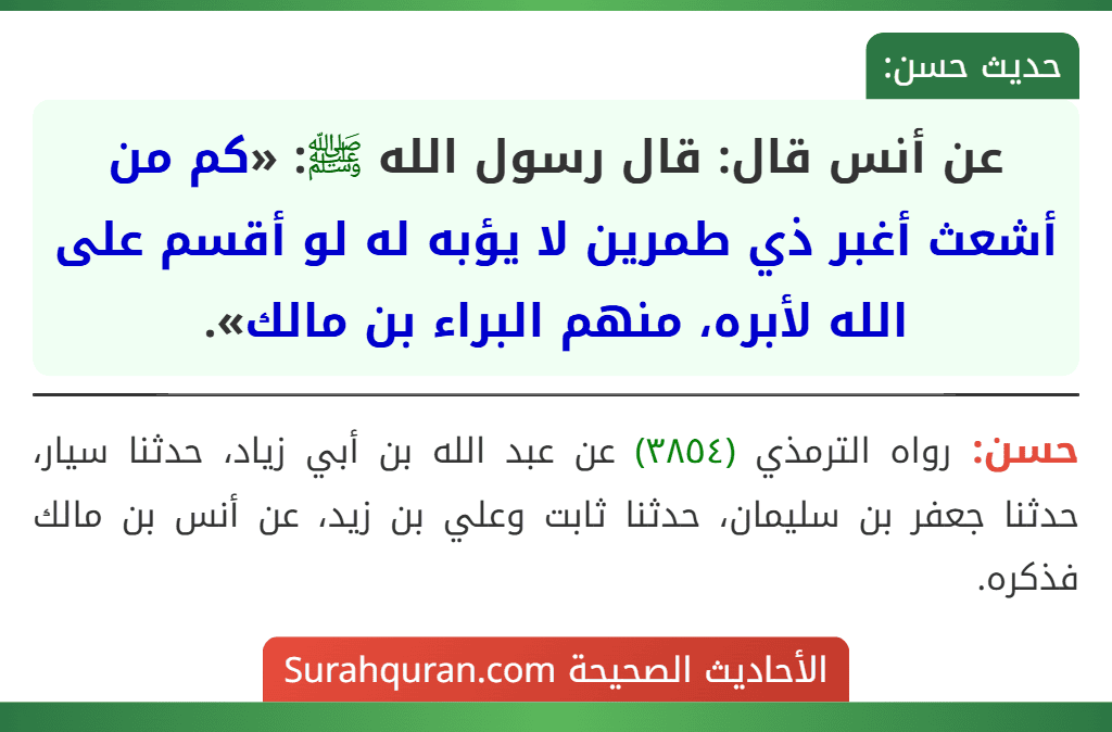 عن أنس قال: قال رسول الله ﷺ: «كم من أشعث أغبر ذي طمرين لا يؤبه له لو أقسم على الله لأبره، منهم البراء بن مالك».