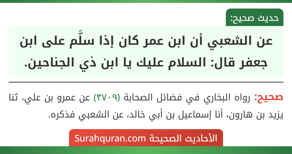 عن الشعبي أن ابن عمر كان إذا سلَّم على ابن جعفر قال: السلام عليك يا ابن ذي الجناحين.