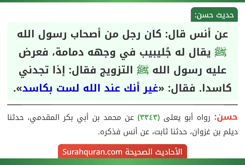 عن أنس قال: كان رجل من أصحاب رسول الله ﷺ يقال له جُليبيب في وجهه دمامة، فعرض عليه رسول الله ﷺ التزويج فقال: إذا تجدني كاسدا. فقال: «غير أنك عند الله لست بكاسد». عن أنس قال: كان رجل من أصحاب رسول الله ﷺ يقال له جُليبيب في وجهه دمامة، فعرض عليه رسول الله ﷺ التزويج فقال: إذا تجدني كاسدا. فقال: «غير أنك عند الله لست بكاسد».