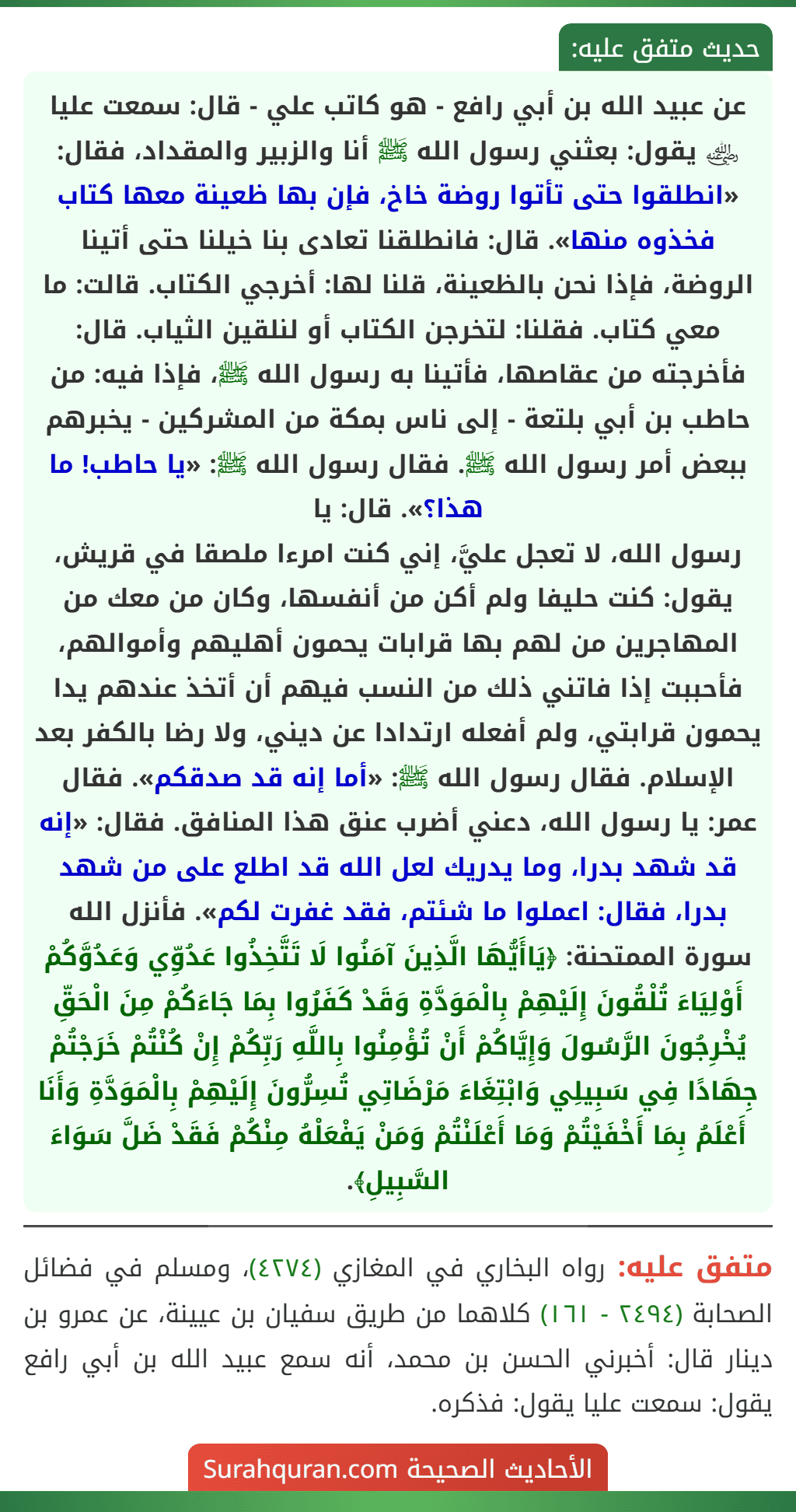 عن عبيد الله بن أبي رافع - هو كاتب علي - قال: سمعت عليا ﵁ يقول: بعثني رسول الله ﷺ أنا والزبير والمقداد، فقال: «انطلقوا حتى تأتوا روضة خاخ، فإن بها ظعينة معها كتاب فخذوه منها». قال: فانطلقنا تعادى بنا خيلنا حتى أتينا الروضة، فإذا نحن بالظعينة، قلنا لها: أخرجي الكتاب. قالت: ما معي كتاب. فقلنا: لتخرجن الكتاب أو لنلقين الثياب. قال: فأخرجته من عقاصها، فأتينا به رسول الله ﷺ، فإذا فيه: من حاطب بن أبي بلتعة - إلى ناس بمكة من المشركين - يخبرهم ببعض أمر رسول الله ﷺ. فقال رسول الله ﷺ: «يا حاطب! ما هذا؟». قال: يا
رسول الله، لا تعجل عليَّ، إني كنت امرءا ملصقا في قريش، يقول: كنت حليفا ولم أكن من أنفسها، وكان من معك من المهاجرين من لهم بها قرابات يحمون أهليهم وأموالهم، فأحببت إذا فاتني ذلك من النسب فيهم أن أتخذ عندهم يدا يحمون قرابتي، ولم أفعله ارتدادا عن ديني، ولا رضا بالكفر بعد الإسلام. فقال رسول الله ﷺ: «أما إنه قد صدقكم». فقال عمر: يا رسول الله، دعني أضرب عنق هذا المنافق. فقال: «إنه قد شهد بدرا، وما يدريك لعل الله قد اطلع على من شهد بدرا، فقال: اعملوا ما شئتم، فقد غفرت لكم». فأنزل الله سورة الممتحنة: ﴿يَاأَيُّهَا الَّذِينَ آمَنُوا لَا تَتَّخِذُوا عَدُوِّي وَعَدُوَّكُمْ أَوْلِيَاءَ تُلْقُونَ إِلَيْهِمْ بِالْمَوَدَّةِ وَقَدْ كَفَرُوا بِمَا جَاءَكُمْ مِنَ الْحَقِّ يُخْرِجُونَ الرَّسُولَ وَإِيَّاكُمْ أَنْ تُؤْمِنُوا بِاللَّهِ رَبِّكُمْ إِنْ كُنْتُمْ خَرَجْتُمْ جِهَادًا فِي سَبِيلِي وَابْتِغَاءَ مَرْضَاتِي تُسِرُّونَ إِلَيْهِمْ بِالْمَوَدَّةِ وَأَنَا أَعْلَمُ بِمَا أَخْفَيْتُمْ وَمَا أَعْلَنْتُمْ وَمَنْ يَفْعَلْهُ مِنْكُمْ فَقَدْ ضَلَّ سَوَاءَ السَّبِيلِ﴾.
