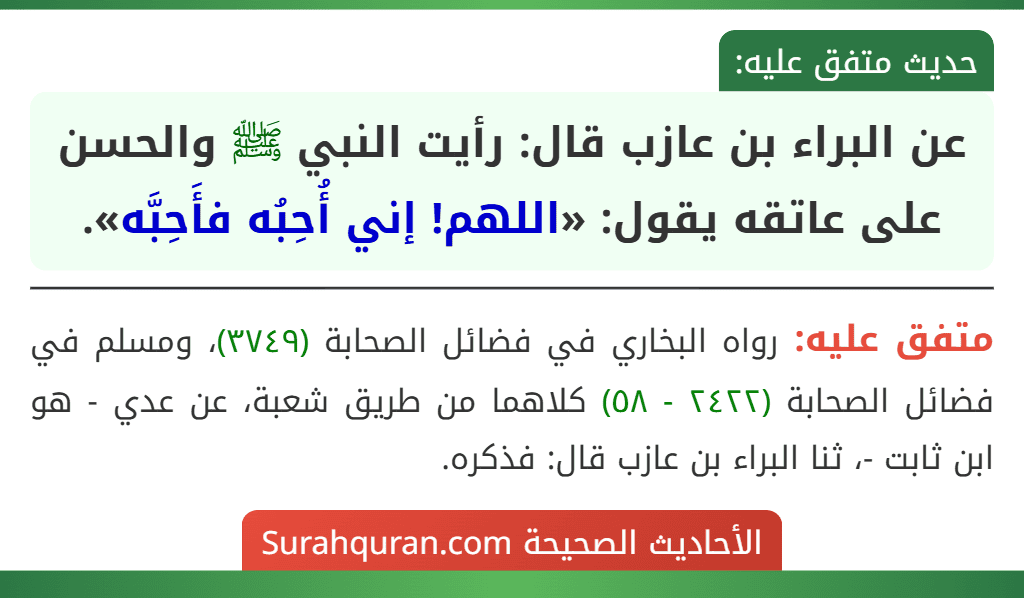 عن البراء بن عازب قال: رأيت النبي ﷺ والحسن على عاتقه يقول: «اللهم! إني أُحِبُه فأَحِبَّه».
