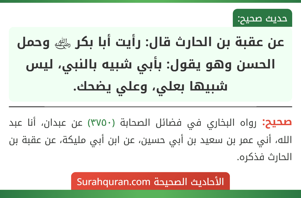 عن عقبة بن الحارث قال: رأيت أبا بكر ﵁ وحمل الحسن وهو يقول: بأبي شبيه بالنبي، ليس شبيها بعلي، وعلي يضحك.