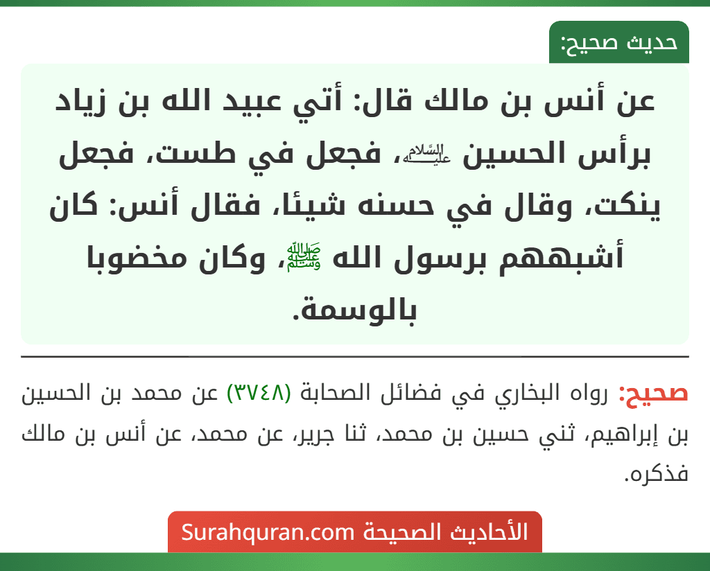 عن أنس بن مالك قال: أتي عبيد الله بن زياد برأس الحسين ﵇، فجعل في طست، فجعل ينكت، وقال في حسنه شيئا، فقال أنس: كان أشبههم برسول الله ﷺ، وكان مخضوبا بالوسمة.