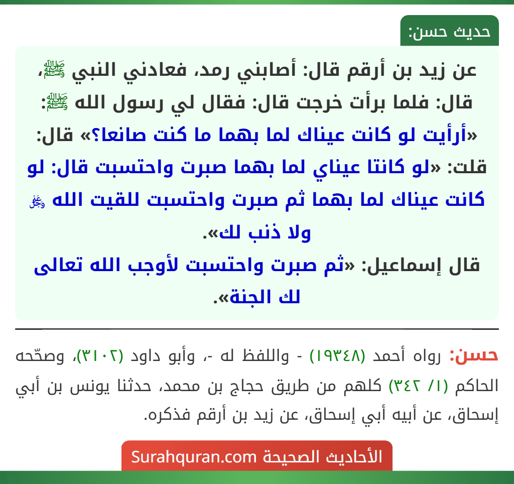 عن زيد بن أرقم قال: أصابني رمد، فعادني النبي ﷺ، قال: فلما برأت خرجت قال: فقال لي رسول الله ﷺ: «أرأيت لو كانت عيناك لما بهما ما كنت صانعا؟» قال: قلت: «لو كانتا عيناي لما بهما صبرت واحتسبت قال: لو كانت عيناك لما بهما ثم صبرت واحتسبت للقيت الله ﷿ ولا ذنب لك».
قال إسماعيل: «ثم صبرت واحتسبت لأوجب الله تعالى لك الجنة».