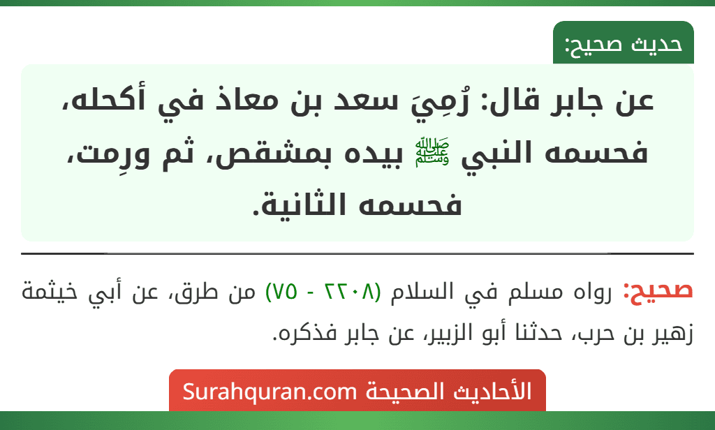 عن جابر قال: رُمِيَ سعد بن معاذ في أكحله، فحسمه النبي ﷺ بيده بمشقص، ثم ورِمت، فحسمه الثانية.