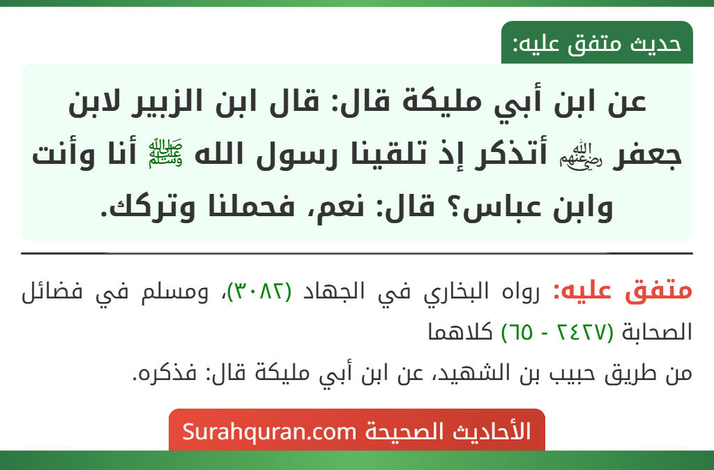 عن ابن أبي مليكة قال: قال ابن الزبير لابن جعفر ﵃ أتذكر إذ تلقينا رسول الله ﷺ أنا وأنت وابن عباس؟ قال: نعم، فحملنا وتركك.
