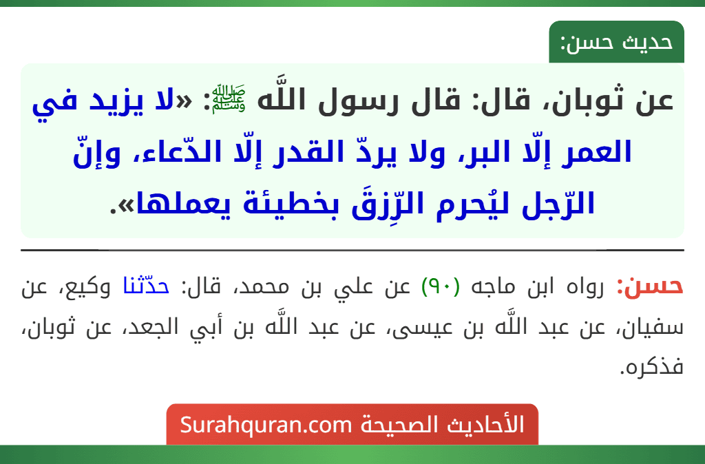 عن ثوبان، قال: قال رسول اللَّه ﷺ: «لا يزيد في العمر إلّا البر، ولا يردّ القدر إلّا الدّعاء، وإنّ الرّجل ليُحرم الرِّزقَ بخطيئة يعملها».