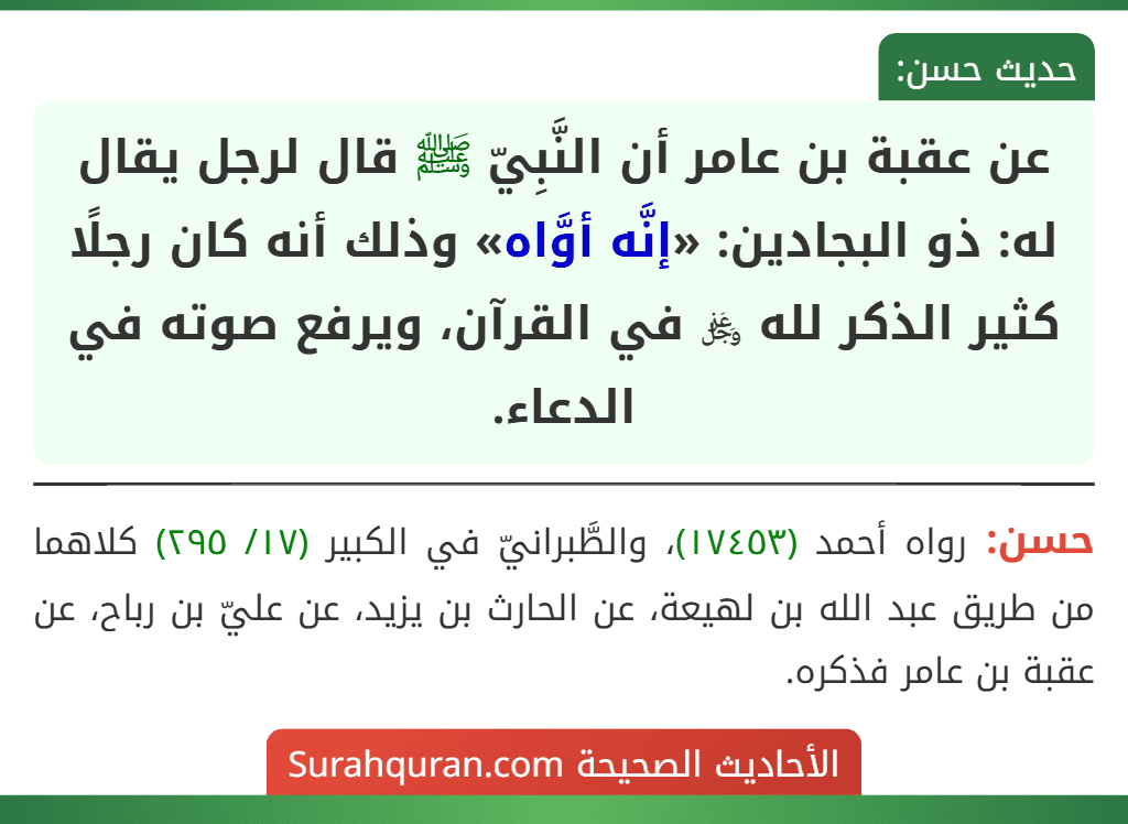 عن عقبة بن عامر أن النَّبِيّ ﷺ قال لرجل يقال له: ذو البجادين: «إنَّه أوَّاه» وذلك أنه كان رجلًا كثير الذكر لله ﷿ في القرآن، ويرفع صوته في الدعاء. عن عقبة بن عامر أن النَّبِيّ ﷺ قال لرجل يقال له: ذو البجادين: «إنَّه أوَّاه» وذلك أنه كان رجلًا كثير الذكر لله ﷿ في القرآن، ويرفع صوته في الدعاء.