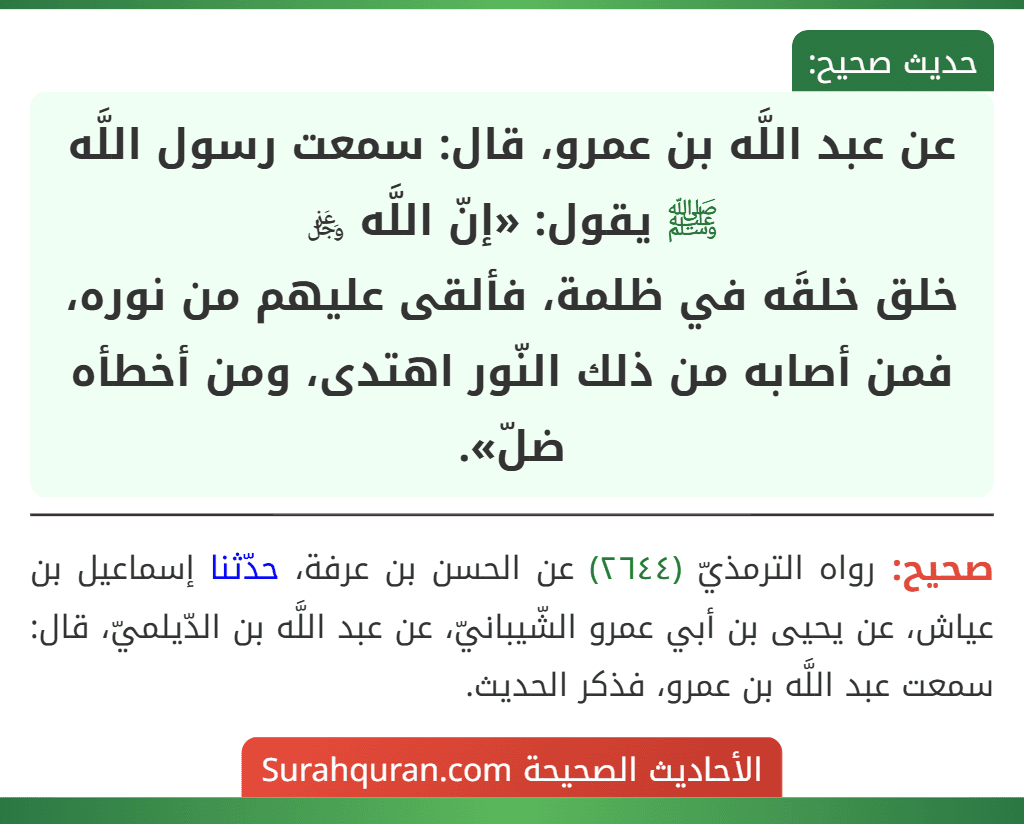 عن عبد اللَّه بن عمرو، قال: سمعت رسول اللَّه ﷺ يقول: «إنّ اللَّه ﷿ خلق خلقَه في ظلمة، فألقى عليهم من نوره، فمن أصابه من ذلك النّور اهتدى، ومن أخطأه ضلّ».