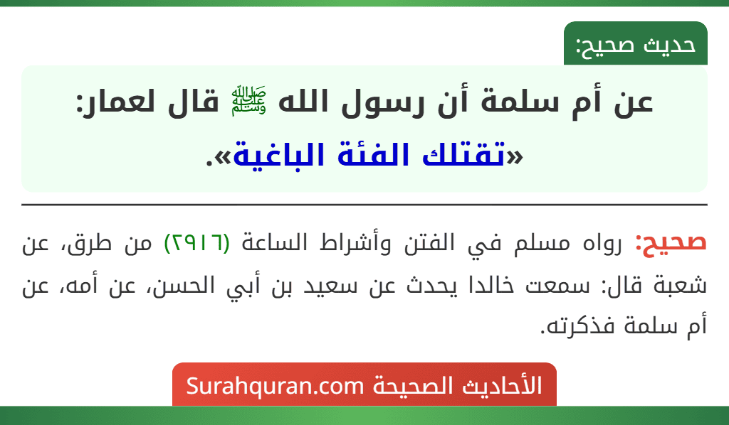 عن أم سلمة أن رسول الله ﷺ قال لعمار: «تقتلك الفئة الباغية».