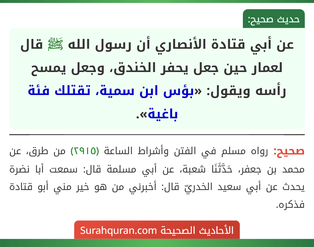 عن أبي قتادة الأنصاري أن رسول الله ﷺ قال لعمار حين جعل يحفر الخندق، وجعل يمسح رأسه ويقول: «بؤس ابن سمية، تقتلك فئة باغية».
