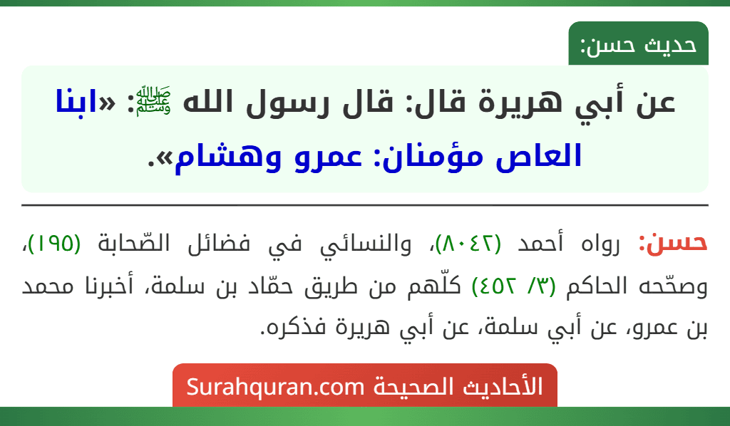 عن أبي هريرة قال: قال رسول الله ﷺ: «ابنا العاص مؤمنان: عمرو وهشام».