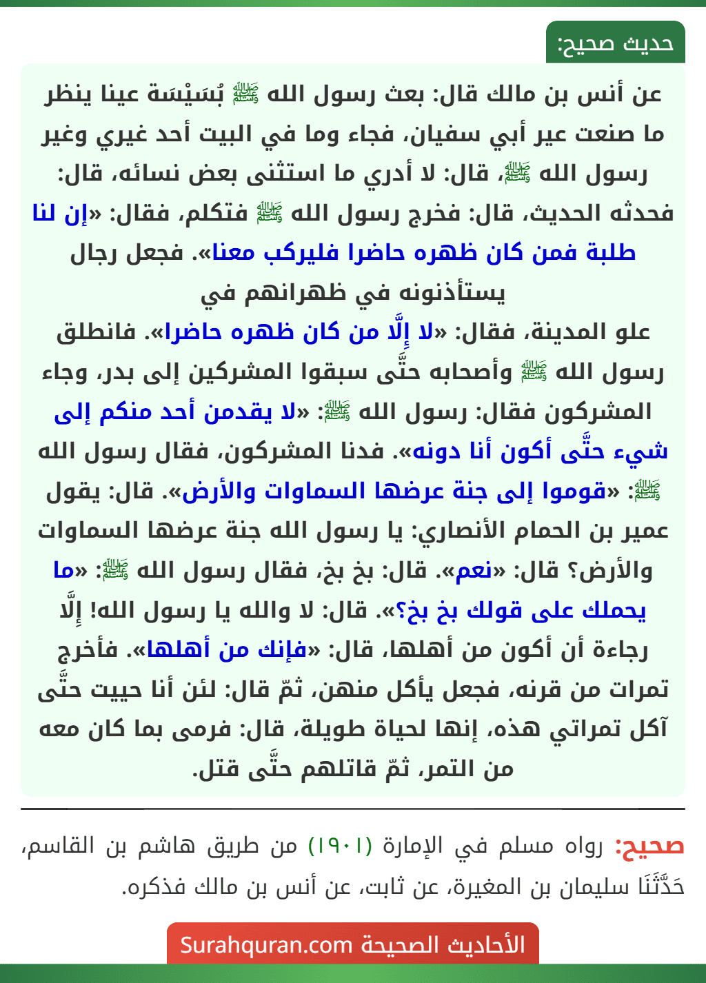 عن أنس بن مالك قال: بعث رسول الله ﷺ بُسَيْسَة عينا ينظر ما صنعت عير أبي سفيان، فجاء وما في البيت أحد غيري وغير رسول الله ﷺ، قال: لا أدري ما استثنى بعض نسائه، قال: فحدثه الحديث، قال: فخرج رسول الله ﷺ فتكلم، فقال: «إن لنا طلبة فمن كان ظهره حاضرا فليركب معنا». فجعل رجال يستأذنونه في ظهرانهم في
علو المدينة، فقال: «لا إِلَّا من كان ظهره حاضرا». فانطلق رسول الله ﷺ وأصحابه حتَّى سبقوا المشركين إلى بدر، وجاء المشركون فقال: رسول الله ﷺ: «لا يقدمن أحد منكم إلى شيء حتَّى أكون أنا دونه». فدنا المشركون، فقال رسول الله ﷺ: «قوموا إلى جنة عرضها السماوات والأرض». قال: يقول عمير بن الحمام الأنصاري: يا رسول الله جنة عرضها السماوات والأرض؟ قال: «نعم». قال: بخ بخ، فقال رسول الله ﷺ: «ما يحملك على قولك بخ بخ؟». قال: لا والله يا رسول الله! إِلَّا رجاءة أن أكون من أهلها، قال: «فإنك من أهلها». فأخرج تمرات من قرنه، فجعل يأكل منهن، ثمّ قال: لئن أنا حييت حتَّى آكل تمراتي هذه، إنها لحياة طويلة، قال: فرمى بما كان معه من التمر، ثمّ قاتلهم حتَّى قتل.
