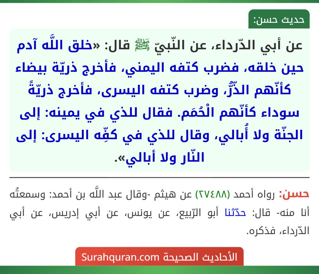 عن أبي الدّرداء، عن النّبيّ ﷺ قال: «خلق اللَّه آدم حين خلقه، فضرب كتفه اليمني، فأخرج ذريّة بيضاء كأنّهم الذّرُّ، وضرب كتفه اليسرى، فأخرج ذريّةً سوداء كأنّهم الْحُمَم. فقال للذي في يمينه: إلى الجنّة ولا أُبالي، وقال للذي في كفِّه اليسرى: إلى النّار ولا أبالي».
