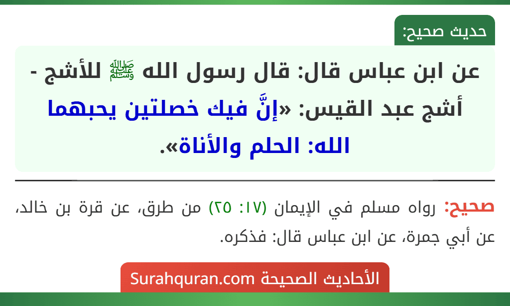 عن ابن عباس قال: قال رسول الله ﷺ للأشج - أشج عبد القيس: «إنَّ فيك خصلتين يحبهما الله: الحلم والأناة».