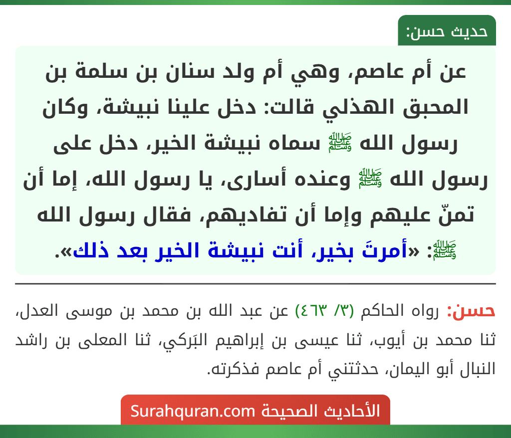 عن أم عاصم، وهي أم ولد سنان بن سلمة بن المحبق الهذلي قالت: دخل علينا نبيشة، وكان رسول الله ﷺ سماه نبيشة الخير، دخل على رسول الله ﷺ وعنده أسارى، يا رسول الله، إما أن تمنّ عليهم وإما أن تفاديهم، فقال رسول الله ﷺ: «أمرتَ بخير، أنت نبيشة الخير بعد ذلك». عن أم عاصم، وهي أم ولد سنان بن سلمة بن المحبق الهذلي قالت: دخل علينا نبيشة، وكان رسول الله ﷺ سماه نبيشة الخير، دخل على رسول الله ﷺ وعنده أسارى، يا رسول الله، إما أن تمنّ عليهم وإما أن تفاديهم، فقال رسول الله ﷺ: «أمرتَ بخير، أنت نبيشة الخير بعد ذلك».