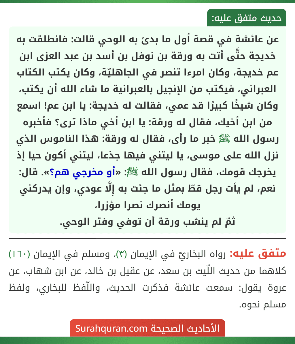 عن عائشة في قصة أول ما بدئ به الوحي قالت: فانطلقت به خديجة حتَّى أتت به ورقة بن نوفل بن أسد بن عبد العزى ابن عم خديجة، وكان امرءا تنصر في الجاهليّة، وكان يكتب الكتاب العبراني، فيكتب من الإنجيل بالعبرانية ما شاء الله أن يكتب، وكان شيخًا كبيرًا قد عمي، فقالت له خديجة: يا ابن عم! اسمع من ابن أخيك، فقال له ورقة: يا ابن أخي ماذا ترى؟ فأخبره رسول الله ﷺ خبر ما رأى، فقال له ورقة: هذا الناموس الذي نزل الله على موسى، يا ليتني فيها جذعا، ليتني أكون حيا إذ يخرجك قومك، فقال رسول الله ﷺ: «أو مخرجي هم؟». قال: نعم، لم يأت رجل قطّ بمثل ما جئت به إِلَّا عودي، وإن يدركني يومك أنصرك نصرا مؤزرا،
ثمّ لم ينشب ورقة أن توفي وفتر الوحي.