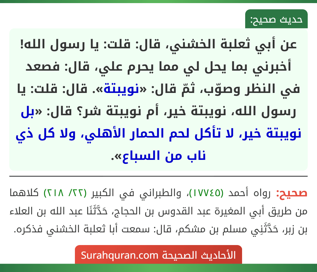 عن أبي ثعلبة الخشني، قال: قلت: يا رسول الله! أخبرني بما يحل لي مما يحرم علي، قال: فصعد في النظر وصوّب، ثمّ قال: «نويبتة». قال: قلت: يا رسول الله، نويبتة خير، أم نويبتة شر؟ قال: «بل نويبتة خير، لا تأكل لحم الحمار الأهلي، ولا كل ذي ناب من السباع».