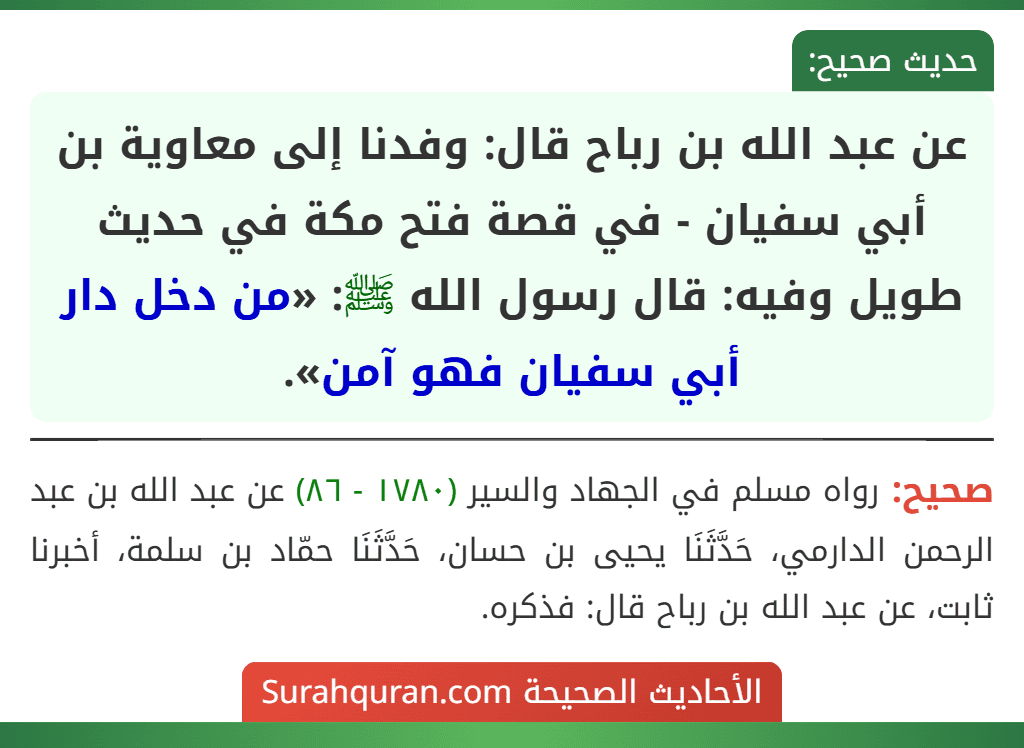 عن عبد الله بن رباح قال: وفدنا إلى معاوية بن أبي سفيان - في قصة فتح مكة في حديث طويل وفيه: قال رسول الله ﷺ: «من دخل دار أبي سفيان فهو آمن».