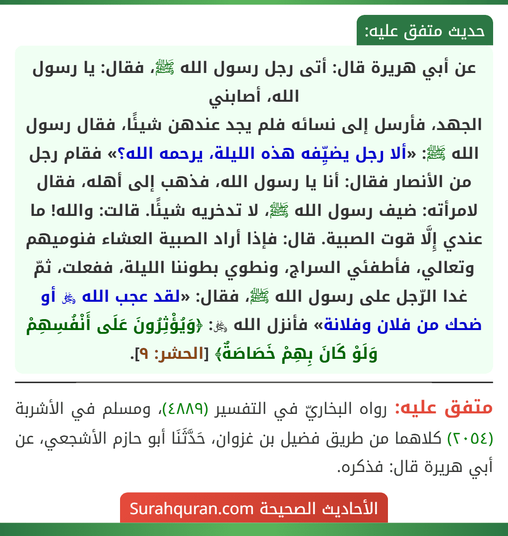 عن أبي هريرة قال: أتى رجل رسول الله ﷺ، فقال: يا رسول الله، أصابني
الجهد، فأرسل إلى نسائه فلم يجد عندهن شيئًا، فقال رسول الله ﷺ: «ألا رجل يضيِّفه هذه الليلة، يرحمه الله؟» فقام رجل من الأنصار فقال: أنا يا رسول الله، فذهب إلى أهله، فقال لامرأته: ضيف رسول الله ﷺ، لا تدخريه شيئًا. قالت: والله! ما عندي إِلَّا قوت الصبية. قال: فإذا أراد الصبية العشاء فنوميهم وتعالي، فأطفئي السراج، ونطوي بطوننا الليلة، ففعلت، ثمّ غدا الرّجل على رسول الله ﷺ، فقال: «لقد عجب الله ﷿ أو ضحك من فلان وفلانة» فأنزل الله ﷿: ﴿وَيُؤْثِرُونَ عَلَى أَنْفُسِهِمْ وَلَوْ كَانَ بِهِمْ خَصَاصَةٌ﴾ [الحشر: ٩].