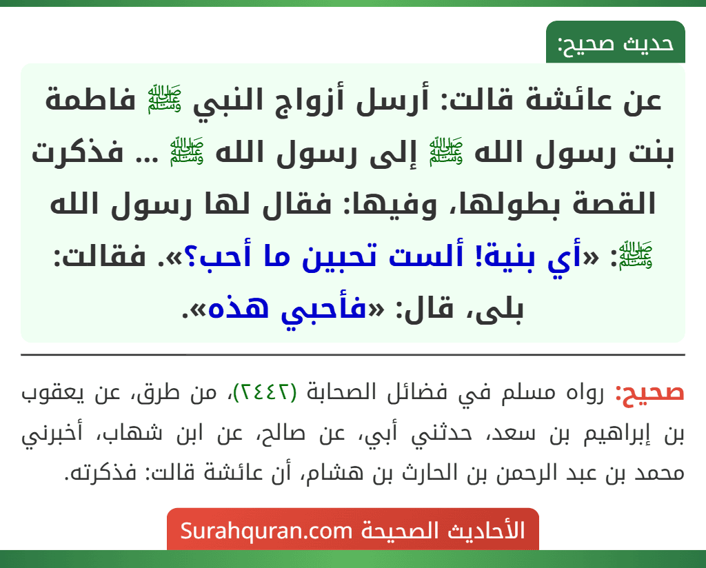 عن عائشة قالت: أرسل أزواج النبي ﷺ فاطمة بنت رسول الله ﷺ إلى رسول الله ﷺ ... فذكرت القصة بطولها، وفيها: فقال لها رسول الله ﷺ: «أي بنية! ألست تحبين ما أحب؟». فقالت: بلى، قال: «فأحبي هذه».