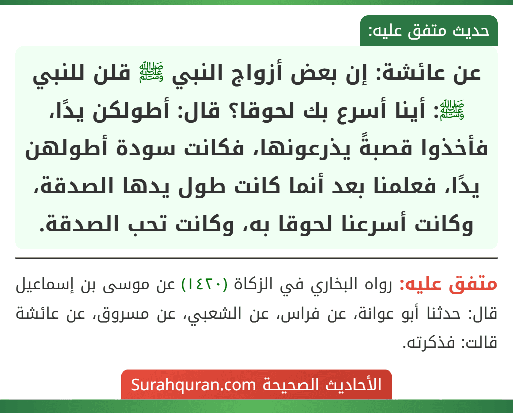 عن عائشة: إن بعض أزواج النبي ﷺ قلن للنبي ﷺ: أينا أسرع بك لحوقا؟ قال: أطولكن يدًا، فأخذوا قصبةً يذرعونها، فكانت سودة أطولهن يدًا، فعلمنا بعد أنما كانت طول يدها الصدقة، وكانت أسرعنا لحوقا به، وكانت تحب الصدقة.