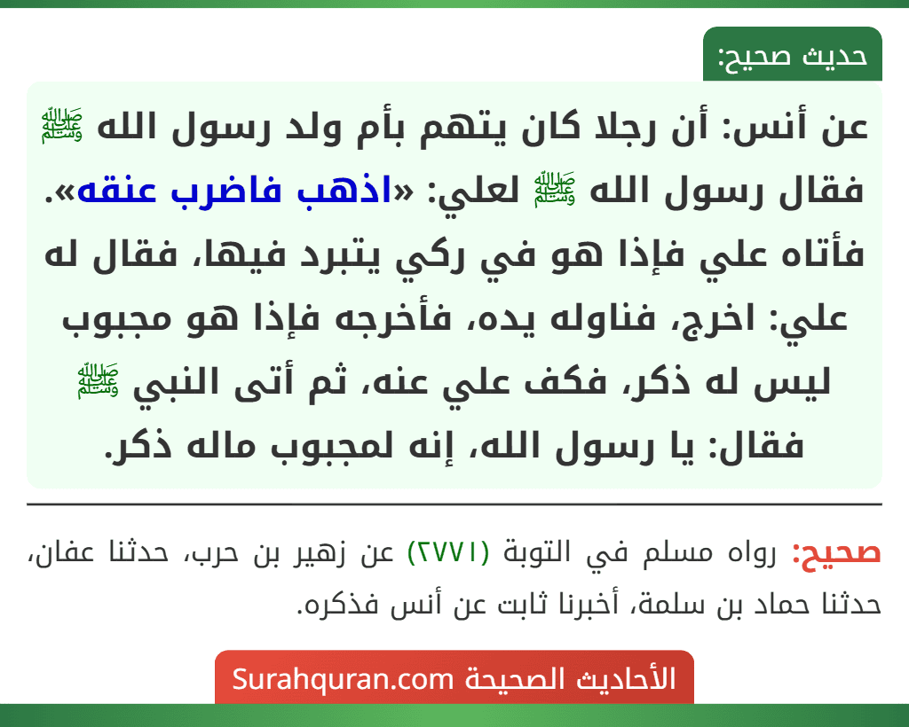 عن أنس: أن رجلا كان يتهم بأم ولد رسول الله ﷺ فقال رسول الله ﷺ لعلي: «اذهب فاضرب عنقه». فأتاه علي فإذا هو في ركي يتبرد فيها، فقال له علي: اخرج، فناوله يده، فأخرجه فإذا هو مجبوب ليس له ذكر، فكف علي عنه، ثم أتى النبي ﷺ فقال: يا رسول الله، إنه لمجبوب ماله ذكر. عن أنس: أن رجلا كان يتهم بأم ولد رسول الله ﷺ فقال رسول الله ﷺ لعلي: «اذهب فاضرب عنقه». فأتاه علي فإذا هو في ركي يتبرد فيها، فقال له علي: اخرج، فناوله يده، فأخرجه فإذا هو مجبوب ليس له ذكر، فكف علي عنه، ثم أتى النبي ﷺ فقال: يا رسول الله، إنه لمجبوب ماله ذكر.