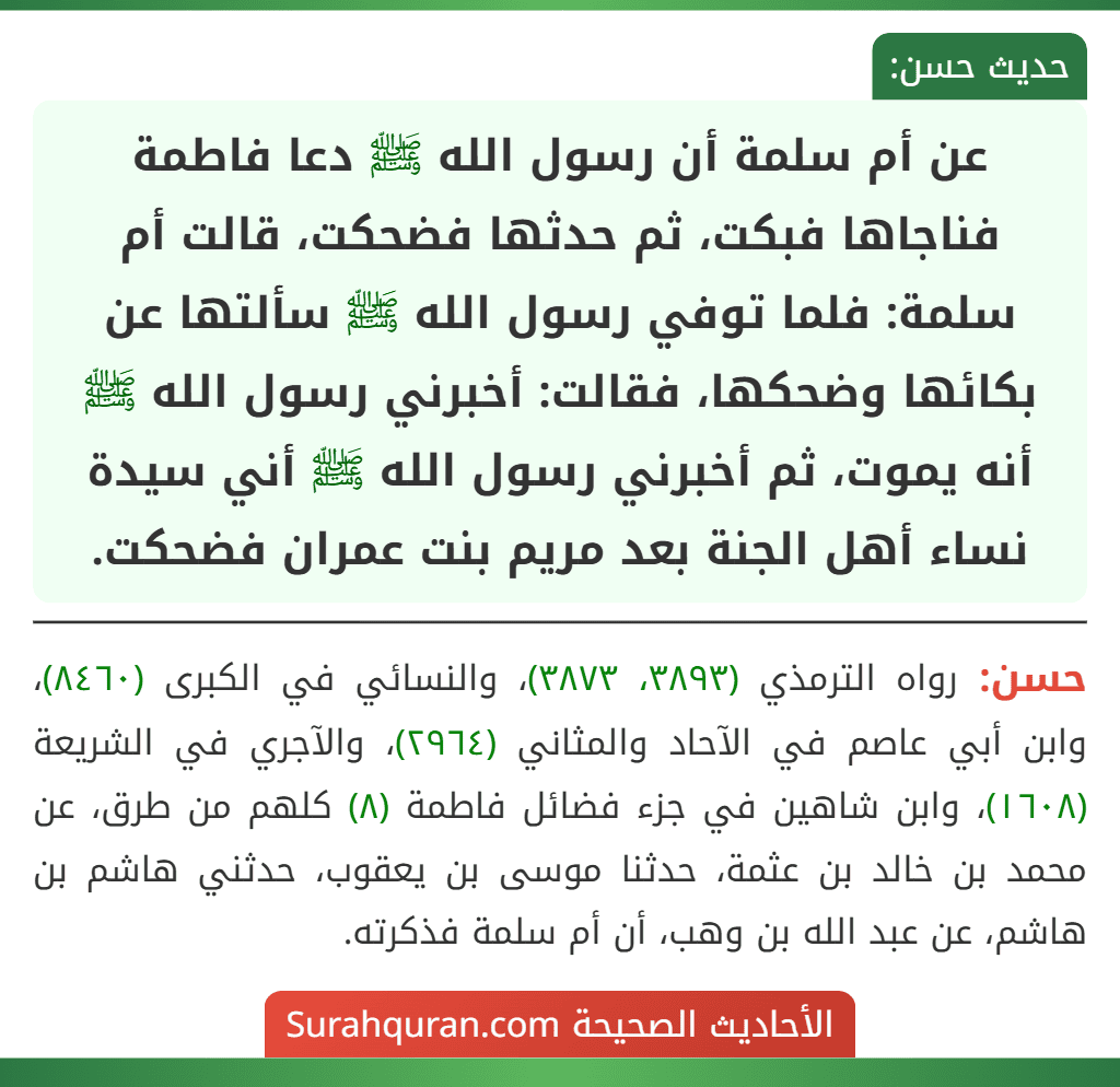 عن أم سلمة أن رسول الله ﷺ دعا فاطمة فناجاها فبكت، ثم حدثها فضحكت، قالت أم سلمة: فلما توفي رسول الله ﷺ سألتها عن بكائها وضحكها، فقالت: أخبرني رسول الله ﷺ أنه يموت، ثم أخبرني رسول الله ﷺ أني سيدة نساء أهل الجنة بعد مريم بنت عمران فضحكت.