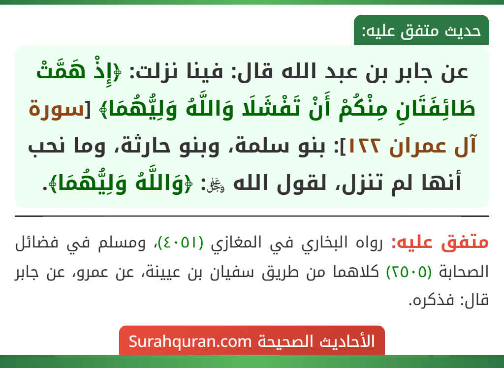 عن جابر بن عبد الله قال: فينا نزلت: ﴿إِذْ هَمَّتْ طَائِفَتَانِ مِنْكُمْ أَنْ تَفْشَلَا وَاللَّهُ وَلِيُّهُمَا﴾ [سورة آل عمران ١٢٢]: بنو سلمة، وبنو حارثة، وما نحب أنها لم تنزل، لقول الله ﷿: ﴿وَاللَّهُ وَلِيُّهُمَا﴾.