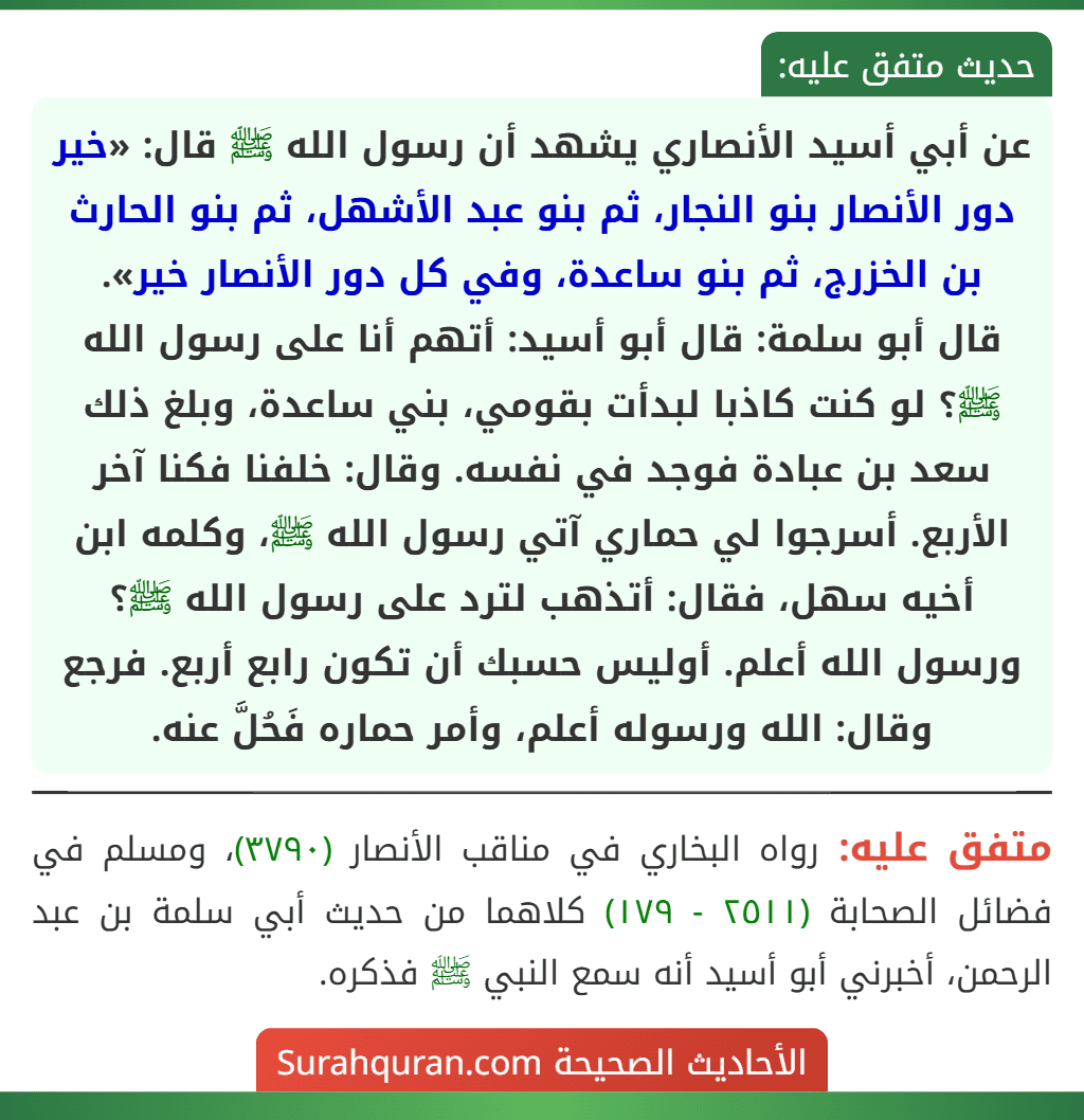 عن أبي أسيد الأنصاري يشهد أن رسول الله ﷺ قال: «خير دور الأنصار بنو النجار، ثم بنو عبد الأشهل، ثم بنو الحارث بن الخزرج، ثم بنو ساعدة، وفي كل دور الأنصار خير».
قال أبو سلمة: قال أبو أسيد: أتهم أنا على رسول الله ﷺ؟ لو كنت كاذبا لبدأت بقومي، بني ساعدة، وبلغ ذلك سعد بن عبادة فوجد في نفسه. وقال: خلفنا فكنا آخر الأربع. أسرجوا لي حماري آتي رسول الله ﷺ، وكلمه ابن أخيه سهل، فقال: أتذهب لترد على رسول الله ﷺ؟ ورسول الله أعلم. أوليس حسبك أن تكون رابع أربع. فرجع وقال: الله ورسوله أعلم، وأمر حماره فَحُلَّ عنه.