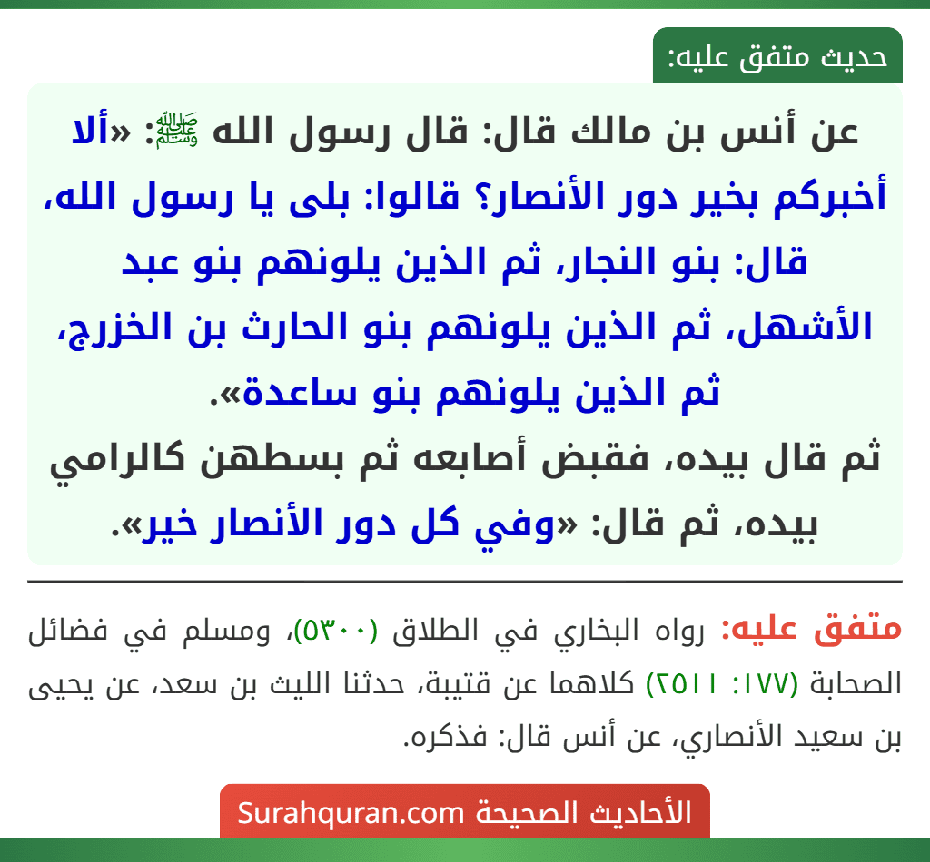 عن أنس بن مالك قال: قال رسول الله ﷺ: «ألا أخبركم بخير دور الأنصار؟ قالوا: بلى يا رسول الله، قال: بنو النجار، ثم الذين يلونهم بنو عبد الأشهل، ثم الذين يلونهم بنو الحارث بن الخزرج، ثم الذين يلونهم بنو ساعدة».
ثم قال بيده، فقبض أصابعه ثم بسطهن كالرامي بيده، ثم قال: «وفي كل دور الأنصار خير».