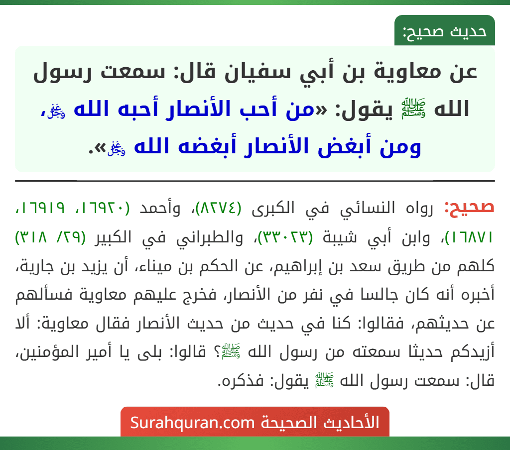 عن معاوية بن أبي سفيان قال: سمعت رسول الله ﷺ يقول: «من أحب الأنصار أحبه الله ﷿، ومن أبغض الأنصار أبغضه الله ﷿».