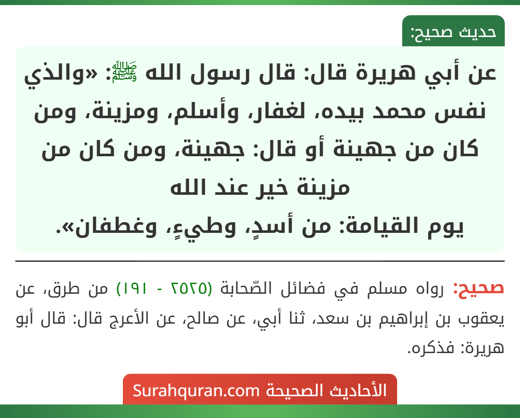 عن أبي هريرة قال: قال رسول الله ﷺ: «والذي نفس محمد بيده، لغفار، وأسلم، ومزينة، ومن كان من جهينة أو قال: جهينة، ومن كان من مزينة خير عند الله
يوم القيامة: من أسدٍ، وطيءٍ، وغطفان». عن أبي هريرة قال: قال رسول الله ﷺ: «والذي نفس محمد بيده، لغفار، وأسلم، ومزينة، ومن كان من جهينة أو قال: جهينة، ومن كان من مزينة خير عند الله
يوم القيامة: من أسدٍ، وطيءٍ، وغطفان».
