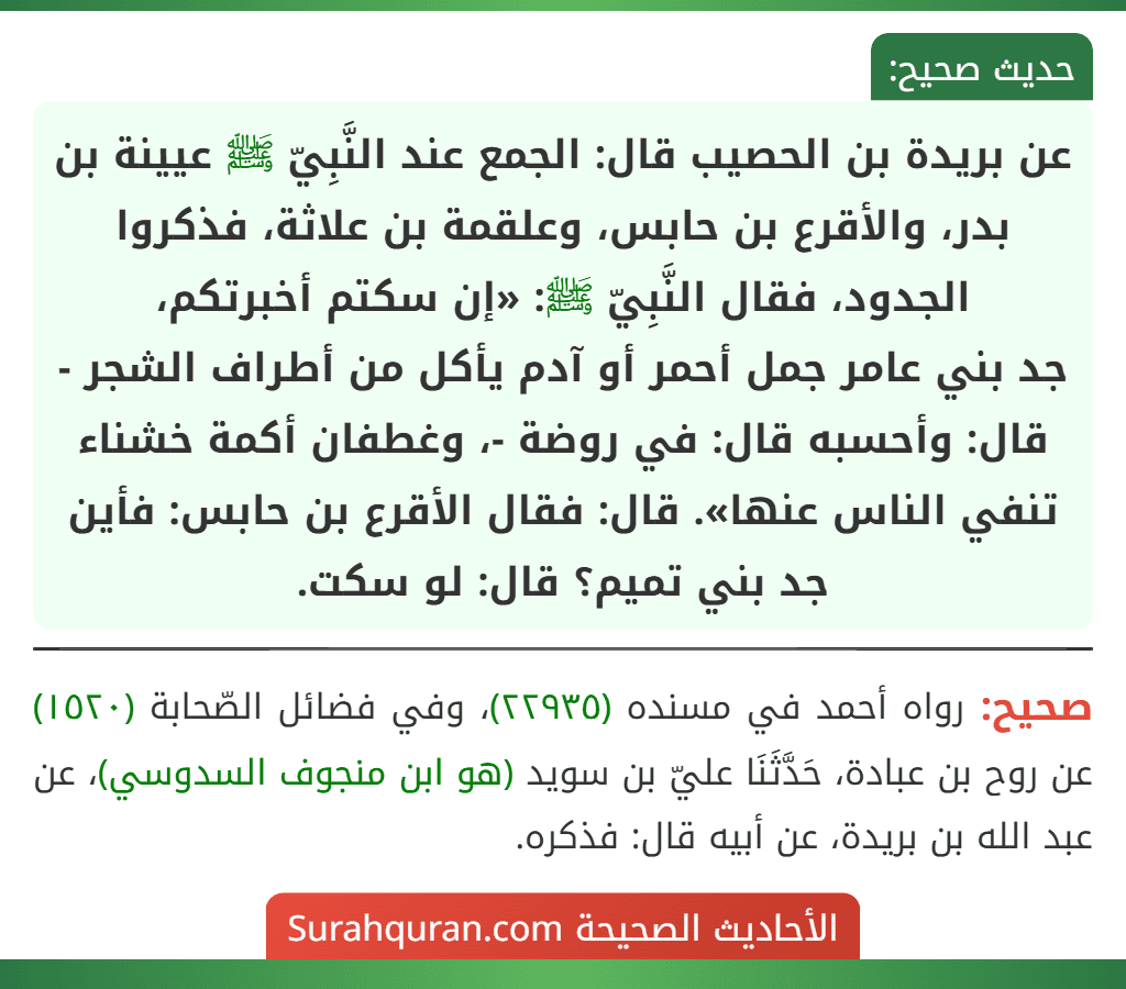 عن بريدة بن الحصيب قال: الجمع عند النَّبِيّ ﷺ عيينة بن بدر، والأقرع بن حابس، وعلقمة بن علاثة، فذكروا الجدود، فقال النَّبِيّ ﷺ: «إن سكتم أخبرتكم،
جد بني عامر جمل أحمر أو آدم يأكل من أطراف الشجر - قال: وأحسبه قال: في روضة -، وغطفان أكمة خشناء تنفي الناس عنها». قال: فقال الأقرع بن حابس: فأين جد بني تميم؟ قال: لو سكت.