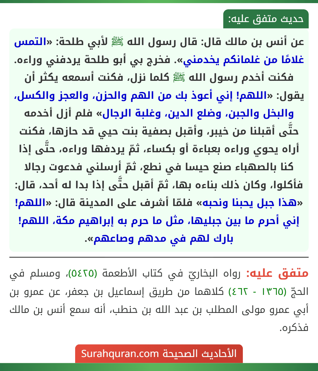 عن أنس بن مالك قال: قال رسول الله ﷺ لأبي طلحة: «التمس غلامًا من غلمانكم يخدمني». فخرج بي أبو طلحة يردفني وراءه. فكنت أخدم رسول الله ﷺ كلما نزل، فكنت أسمعه يكثر أن يقول: «اللهم! إني أعوذ بك من الهم والحزن، والعجز والكسل، والبخل والجبن، وضلع الدين، وغلبة الرجال» فلم أزل أخدمه حتَّى أقبلنا من خيبر، وأقبل بصفية بنت حيي قد حازها، فكنت أراه يحوي وراءه بعباءة أو بكساء، ثمّ يردفها وراءه، حتَّى إذا كنا بالصهباء صنع حيسا في نطع، ثمّ أرسلني فدعوت رجالا فأكلوا، وكان ذلك بناءه بها، ثمّ أقبل حتَّى إذا بدا له أحد، قال: «هذا جبل يحبنا ونحبه» فلمّا أشرف على المدينة قال: «اللهم! إني أحرم ما بين جبليها، مثل ما حرم به إبراهيم مكة، اللهم! بارك لهم في مدهم وصاعهم».
